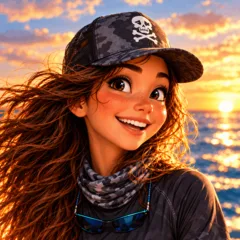 Ula, smiling at sunset in her skull-and-crossbones cap